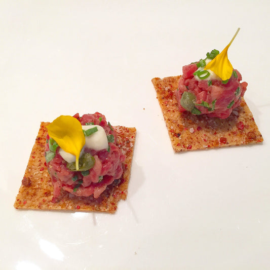Beef Tartare with Horseradish Pink Peppercorn Cracker