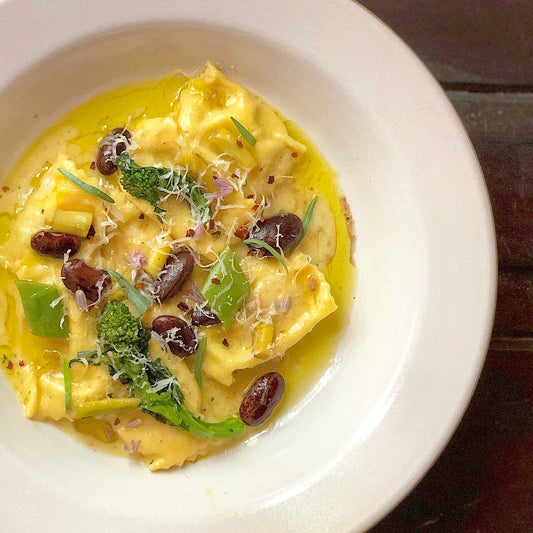 Cheese Agnolotti with 3 Bean Ragout and Lemon