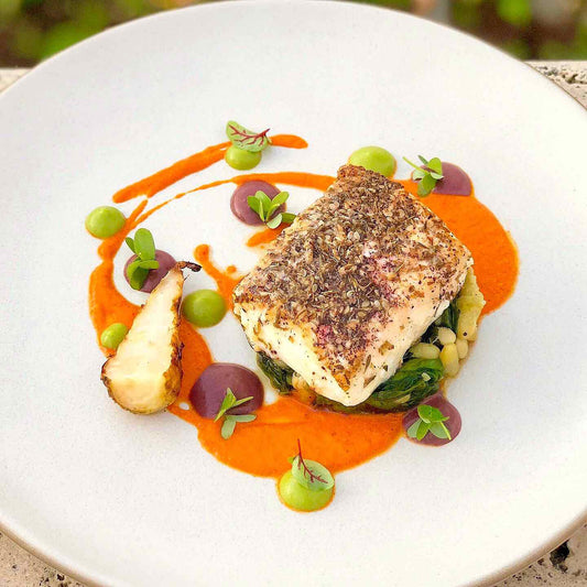 Halibut with Za'atar, Olive, Flageolet Beans, Romesco Sauce