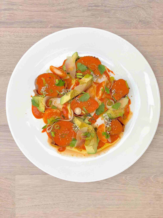 Essential Sweet Potato Salad, Avocado, Mandarin, Kimchi