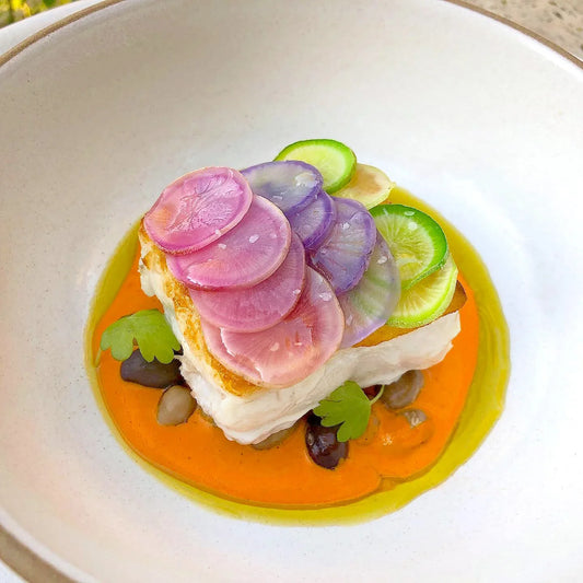 Corvina with Radish, Poblano, Confit Garlic