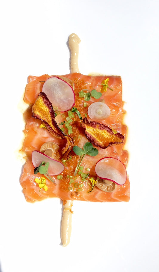 Salmon Sashimi with Pickled Mushrooms, Miso and Onion