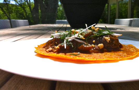 Lamb Korma Tacos with Garbanzo Bean Tortilla (roti)