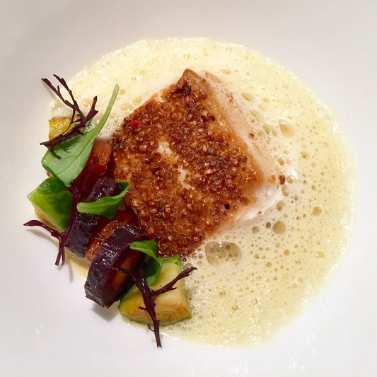 Seared Escolar with Coriander, Carrots, Vanilla