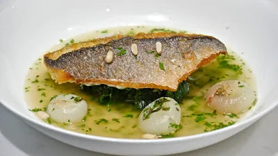 Sea Bream with Cippolini onions and Chicken Broth