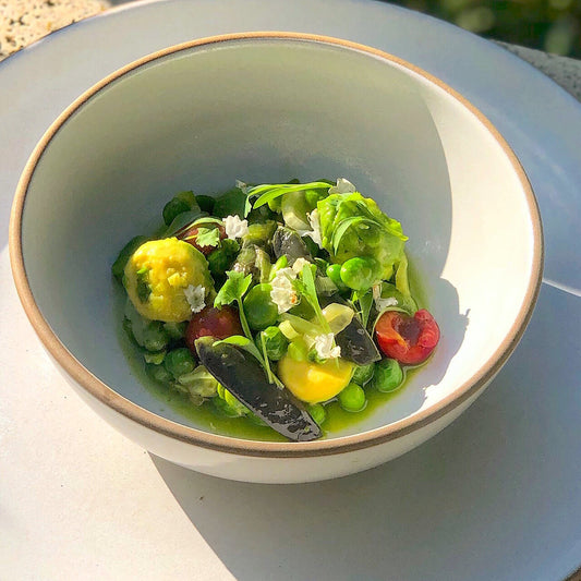 Peas, Fava, Cherries, Jalapeno Green Garlic Oil