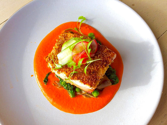 Quinoa Crusted Copper River Salmon with Chrysanthemum