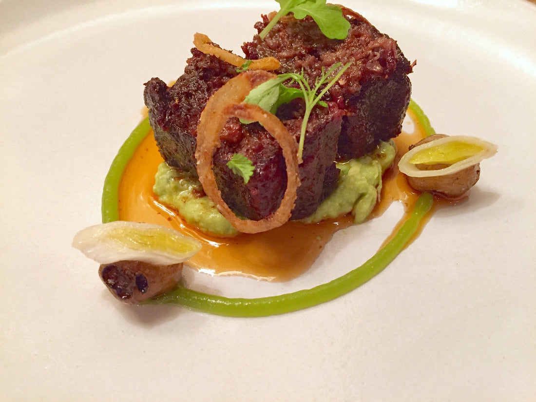 Smoked Short Rib with Green Garlic, Guacamole, and Marble Potatoes