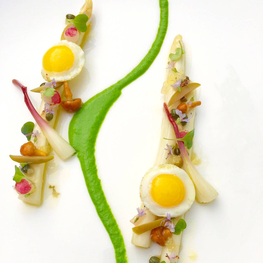 White Asparagus Escabeche with Quail Egg and Ramps