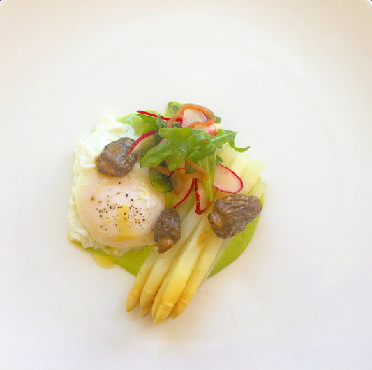 Poached Egg, White Asparagus, with Morels, Ramp Gribiche